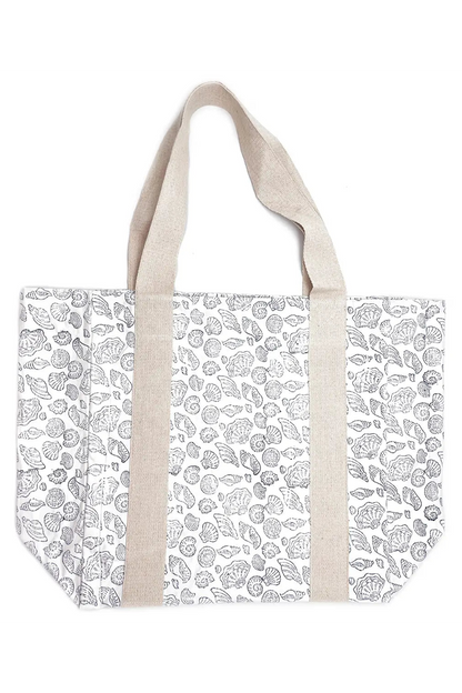 Tote bag with a pattern of sea shells on a white background