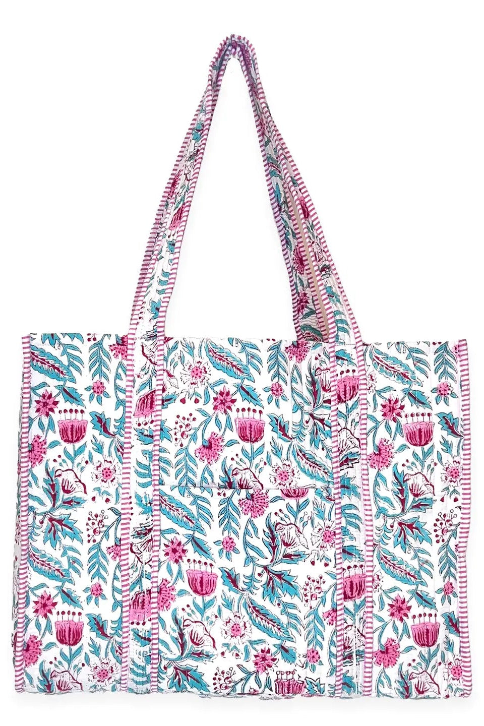 Vivid Wildflowers quilted tote bag with pink flowers, teal leaves, and pink striped trim on a white background