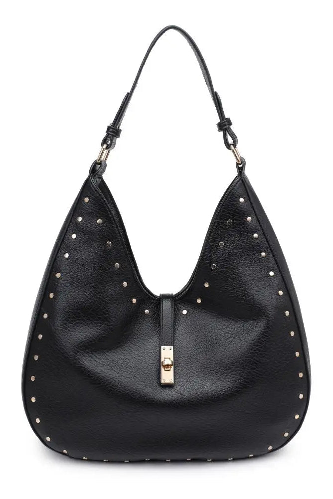 Black handbag with studded details on a white background