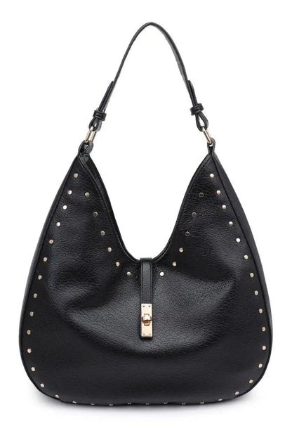 Black handbag with studded details on a white background