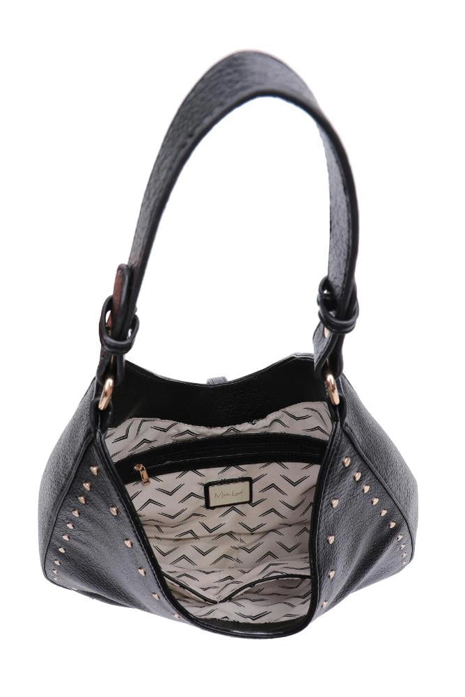 Black handbag with patterned interior on a white background