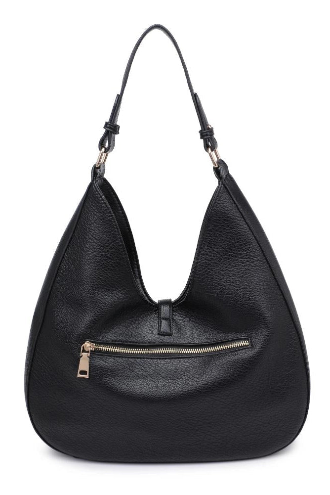 Black leather handbag with a visible zipper on a white background