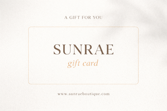 Sunrae gift card design with brand name and website on a light background