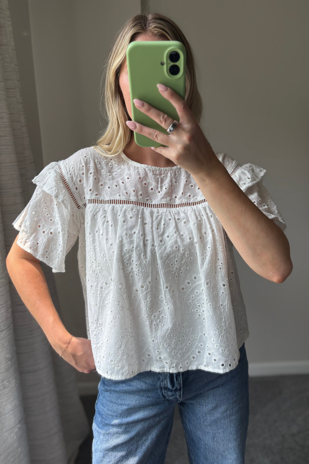 Close-up mirror view of the Blossom white eyelet blouse showing its crew neckline, floral embroidery, openwork trim, and ruffled sleeves.

