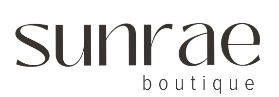 The logo for 'sunrae boutique' is shown on a plain white background, featuring the brand name 'sunrae' in a large, elegant serif font and 'boutique' in a smaller sans-serif font underneath.