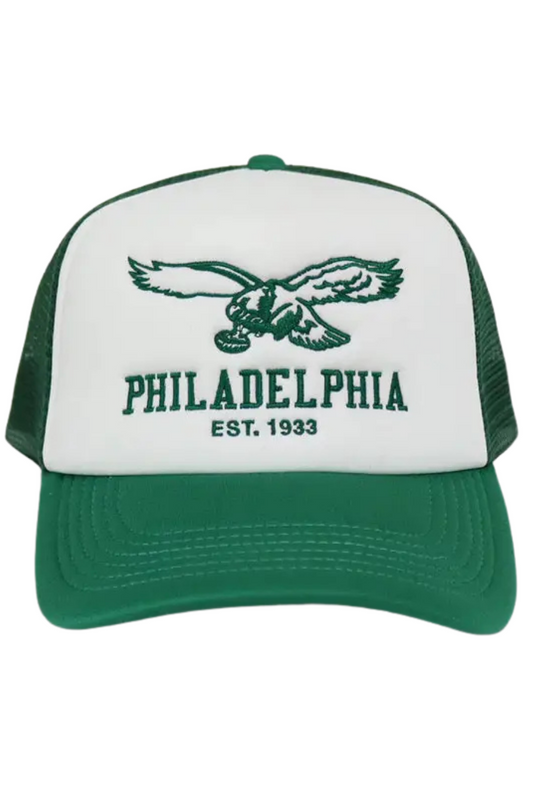 Green and white cap with Philadelphia eagle logo and text on a white background