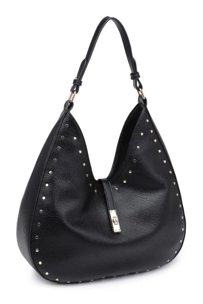 Black handbag with stud details on a white background