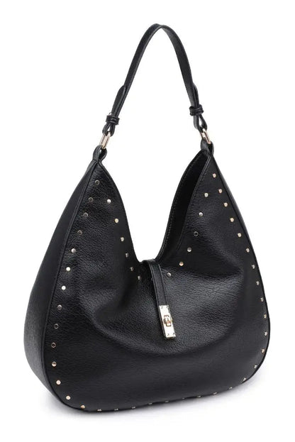 Black handbag with stud details on a white background